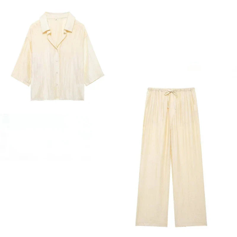 Jacquard Shirt Pants Suit for Women with Lapel Half Sleeve and Pockets, Wide Leg Pant Set for Summer Streetwear