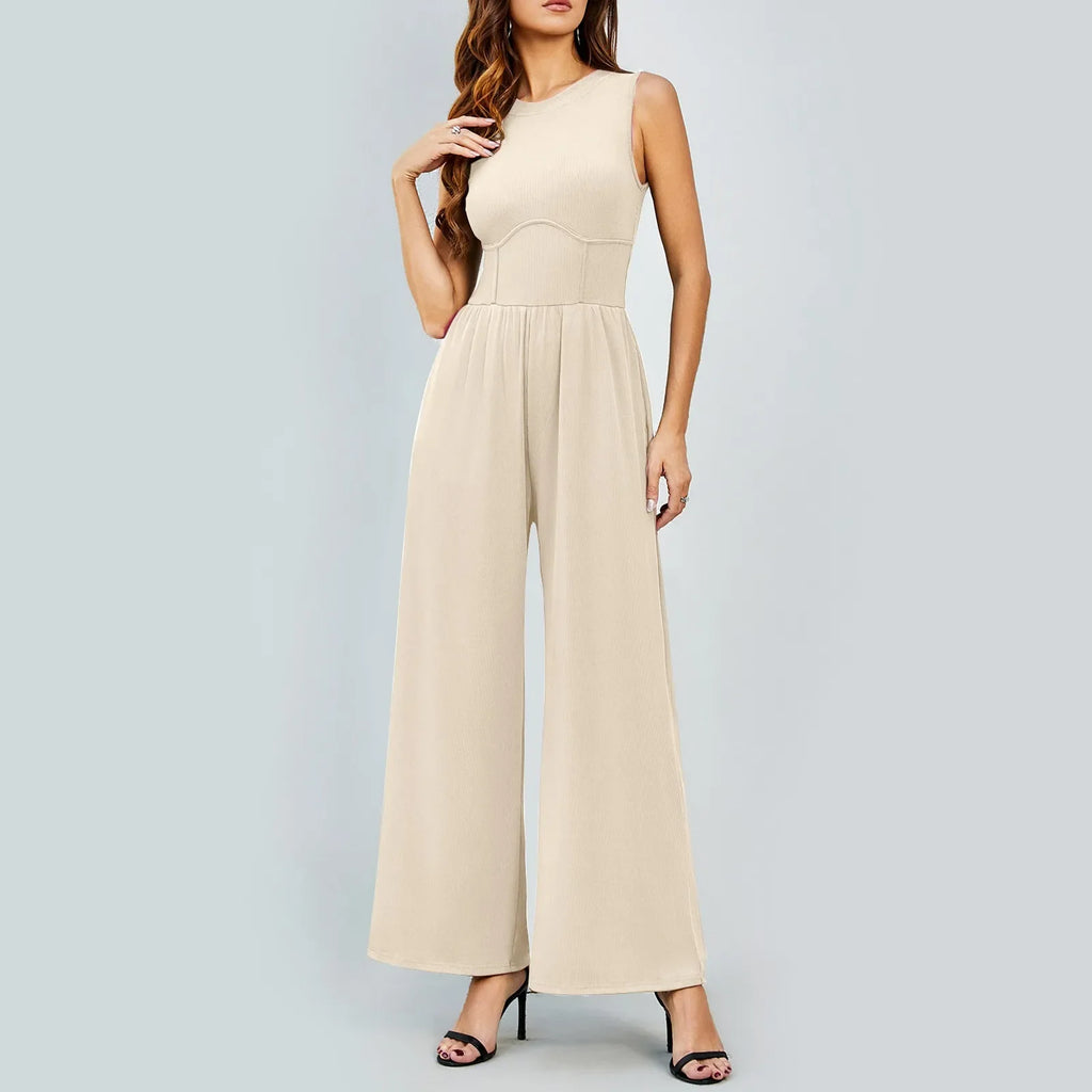 Women Sleeveless High Neck Ribbed Tank Top Jumpsuit Wide Leg Pants Romper with Tummy Control and High Waist Casual Summer Outfit