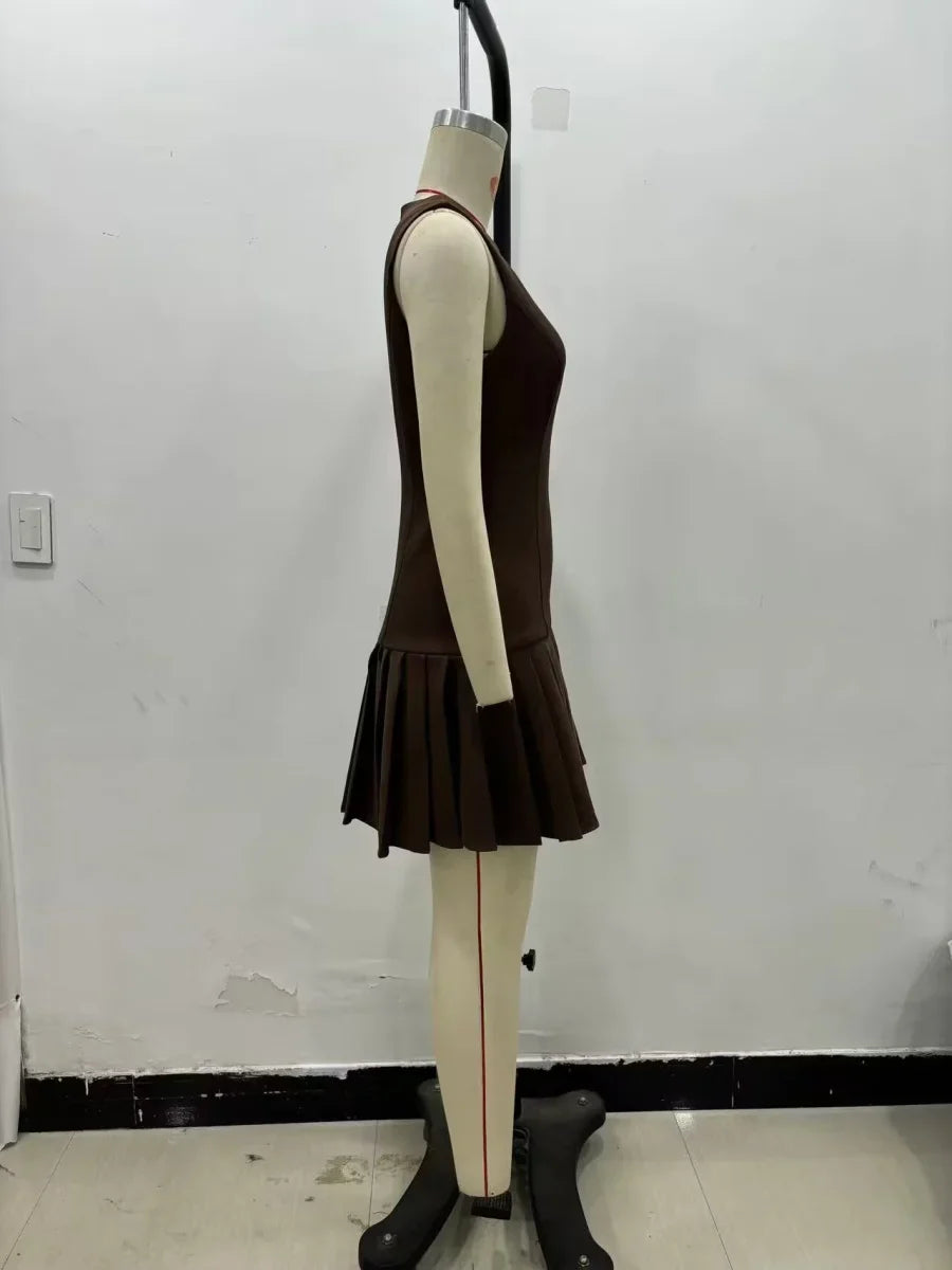 3D Cutout Mini Dress Pleated Skirt Brown Sleeveless