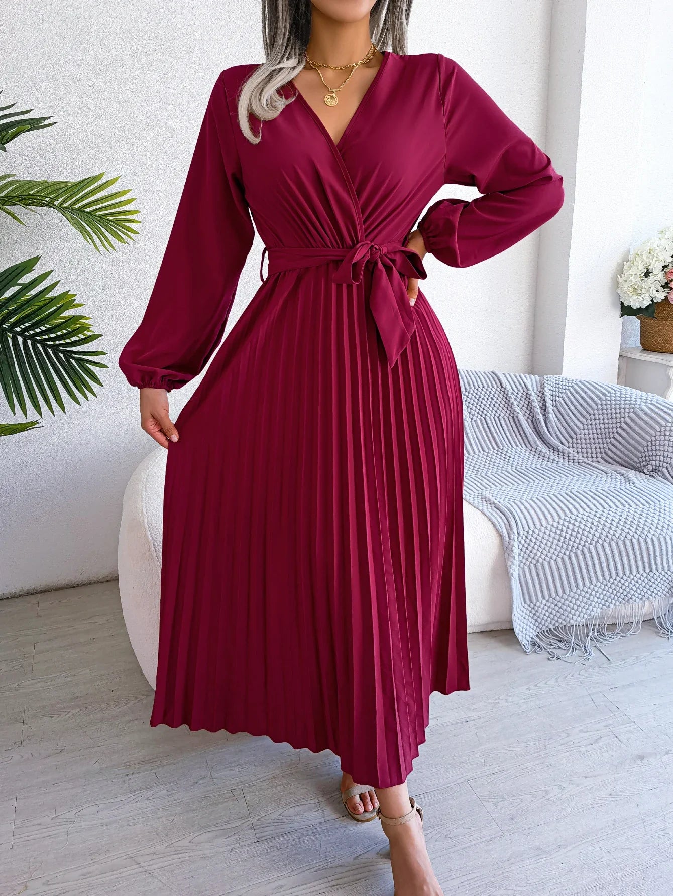 Elegant Surplice Neck Pleated Maxi Dress With Belt Flair