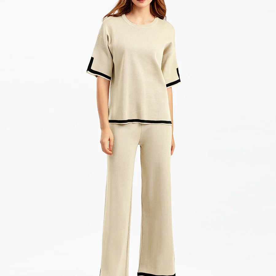 Casual Elegant Women's Two-Piece Autumn Winter Sportswear Set Featuring O-Neck Hoodie Short Sleeve Sweater and Wide Leg Long Pants