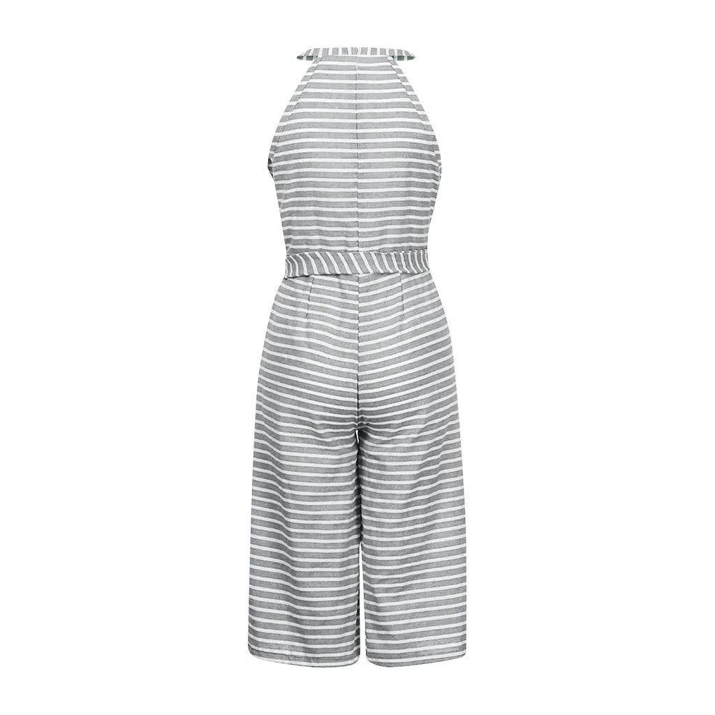 Elegant Sleeveless Striped Jumpsuit for Women Wide Leg Belted Romper Loose Fit Overalls Trousers