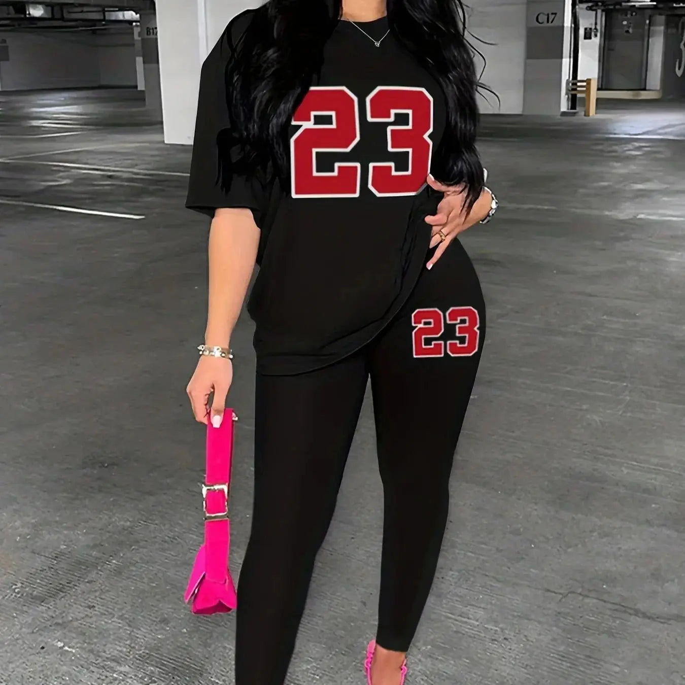 Women's Casual Loose Fit T-Shirt and Tight Bottomed Pants Two-Piece Set