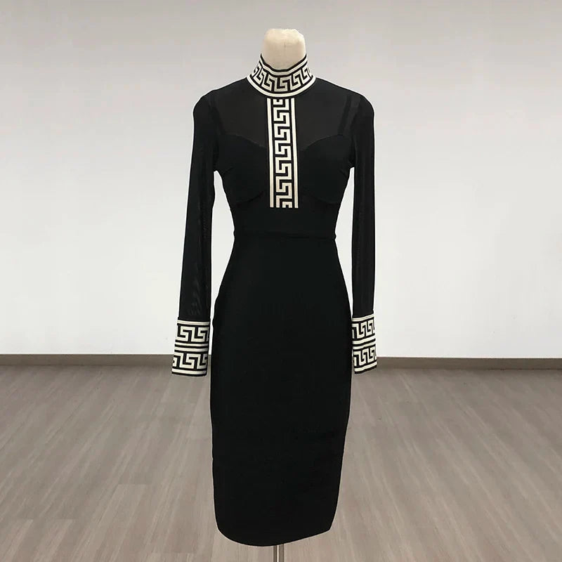 Black Mesh Bandage Dress for Women Long Sleeve Bodycon