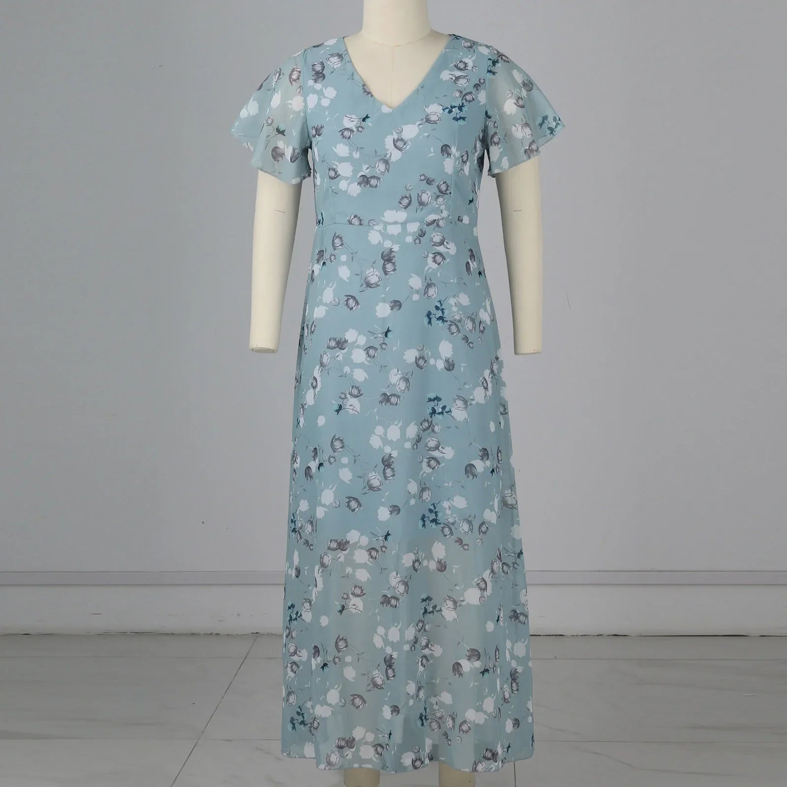 Women's Floral Chiffon Swing Dress with V Neck Short Sleeve