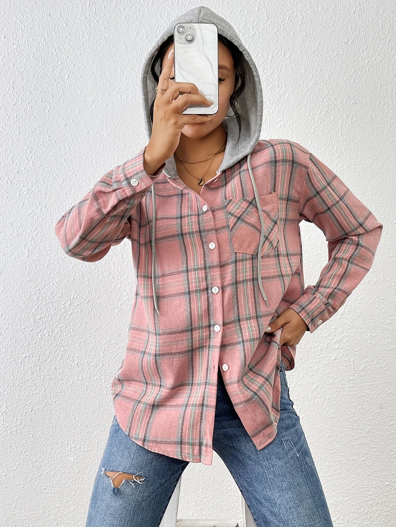Women's Spring Autumn Hooded Plaid Shirt Loose Fit Casual Blouse Long Sleeve Office Top
