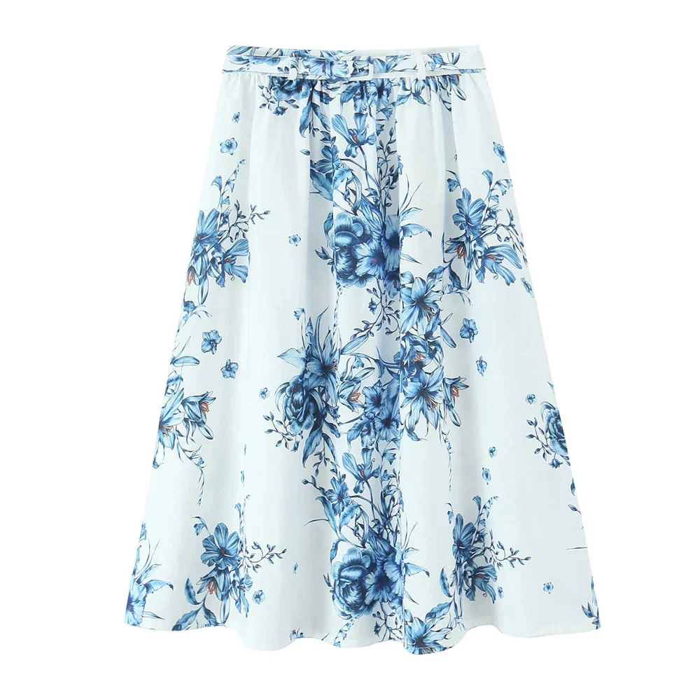 Women's Sleeveless Floral Print Crop Top and Midi Skirt Set in White with Blue Flowers for Chic Summer Style