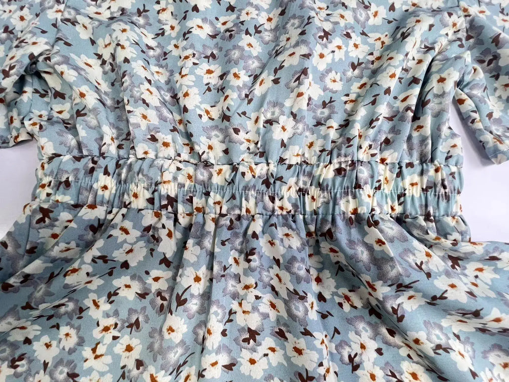 Summer Floral Dress With Bubble Sleeves V Neck A Line