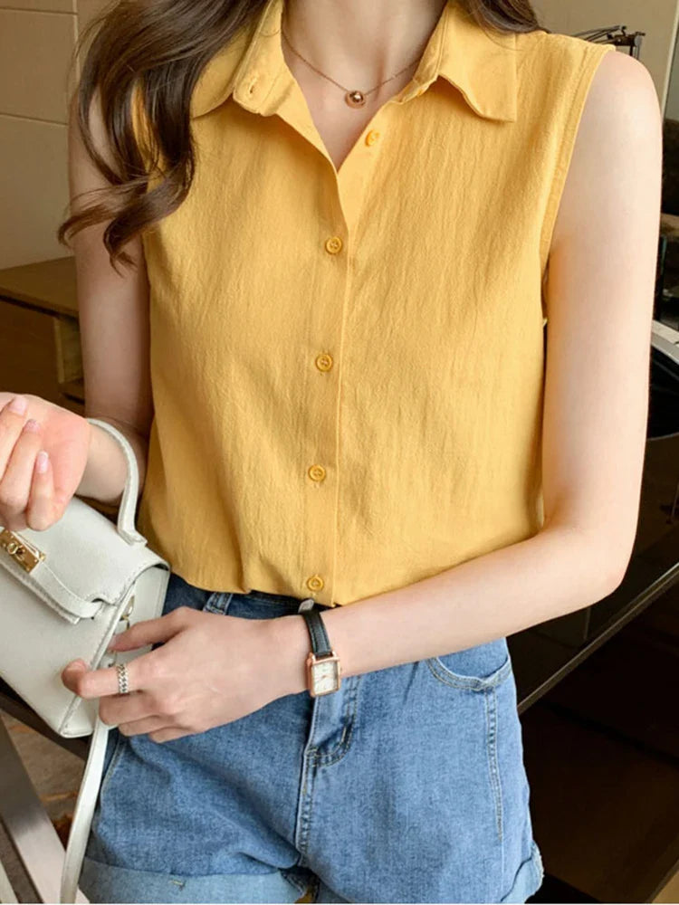 Sleeveless Turn-Down Collar Blouse for Women Elegant OL Style Workwear Shirt Lightweight Summer Top