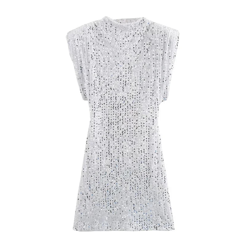 Silver Sequin Mini Dress Bodycon O Neck Sleeveless Partywear