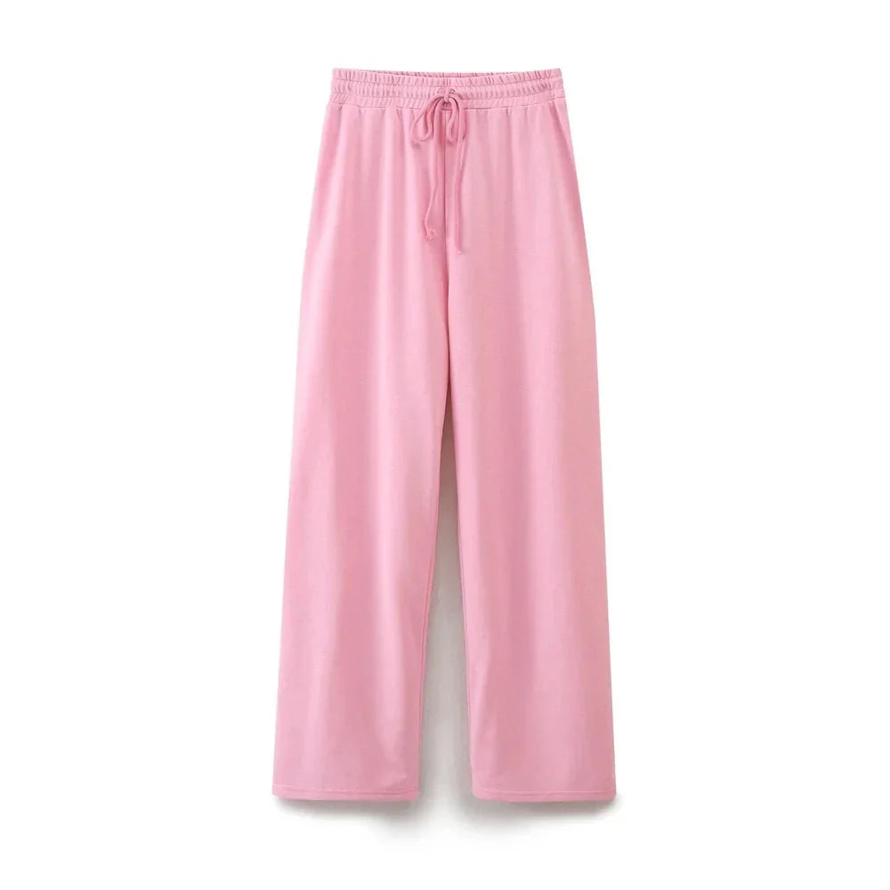 Women's Solid Casual Trouser Set with Short Sleeve T-Shirt and Elastic Waist Wide Leg Pants