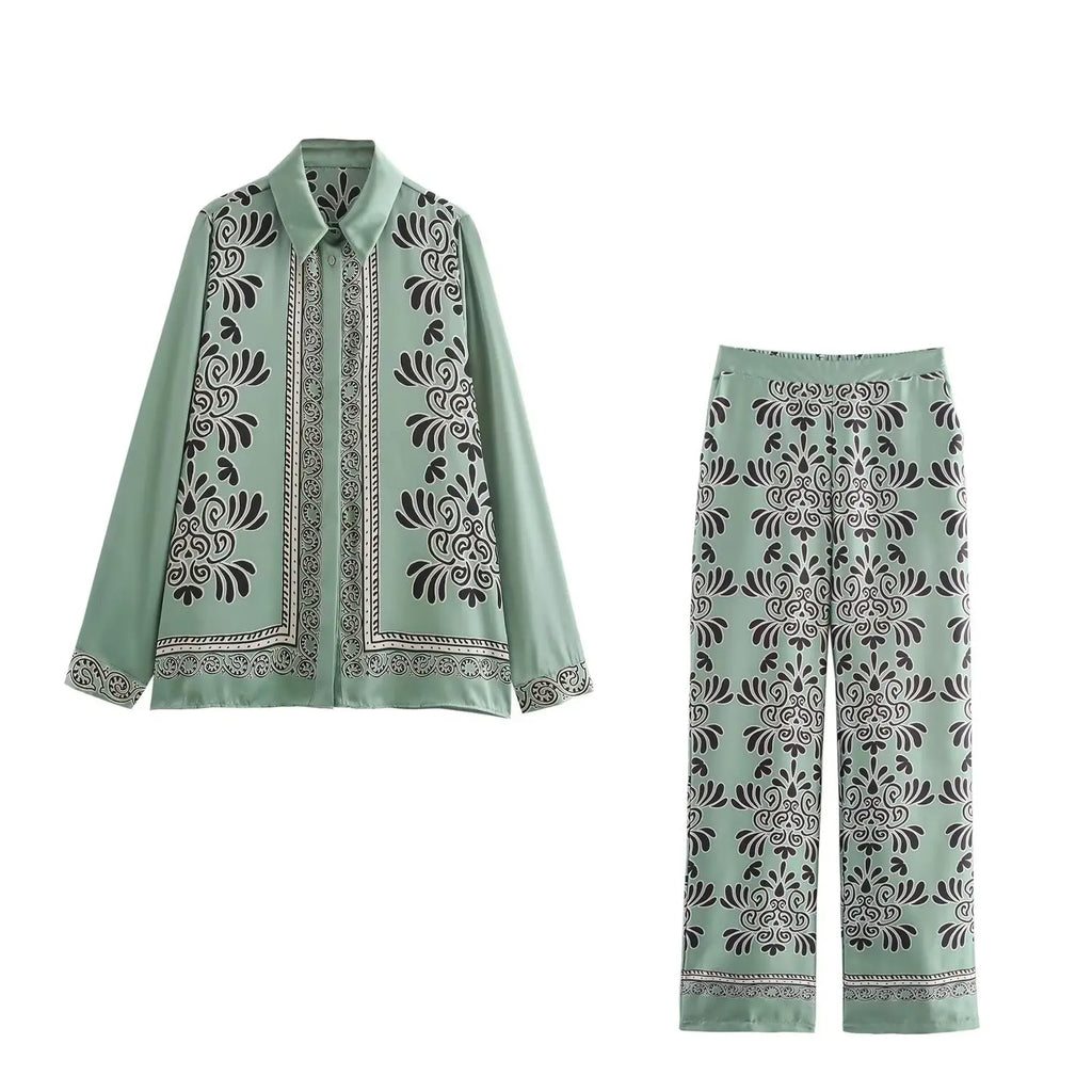 Loose Fit Long Sleeve Silk Satin Printed Shirt and Pants Set for Women