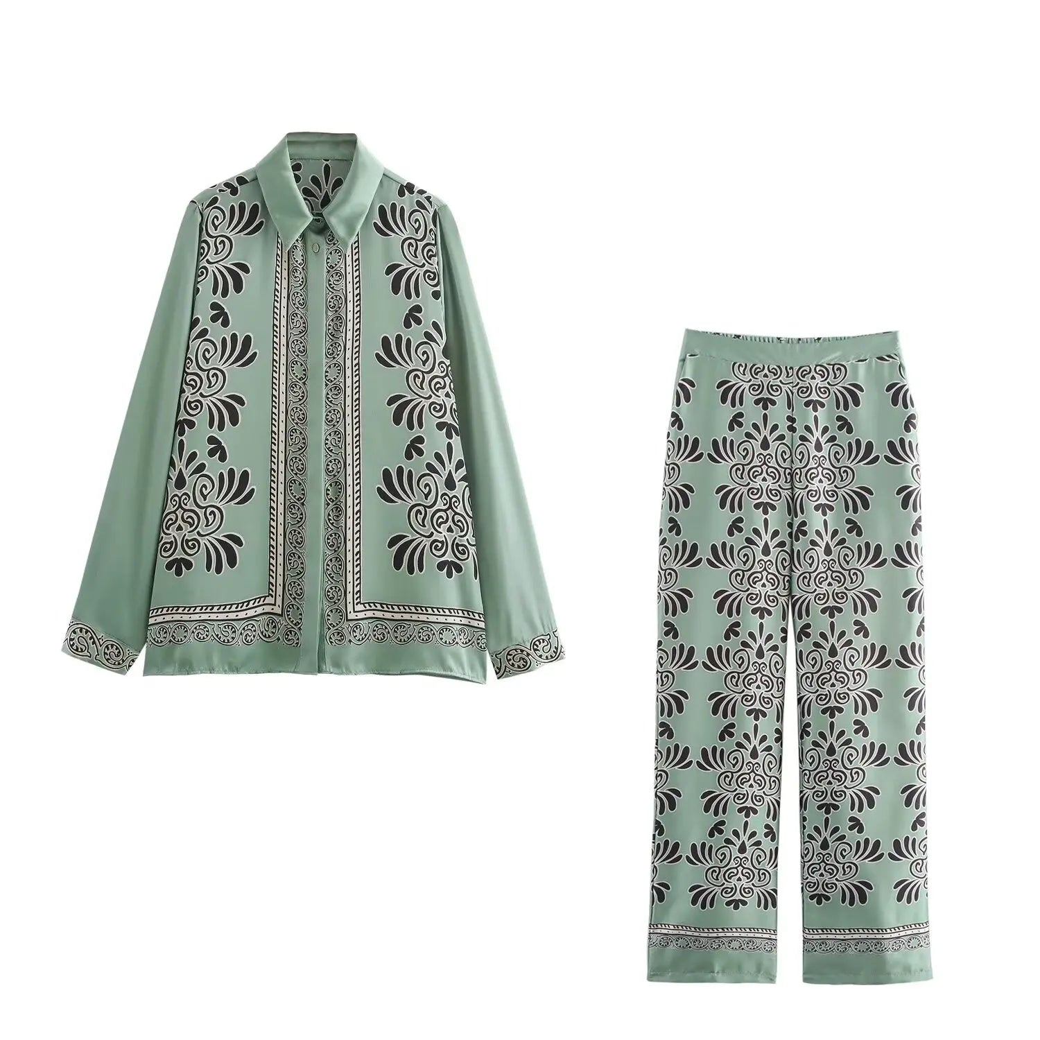 Loose Fit Long Sleeve Silk Satin Printed Shirt and Pants Set for Women