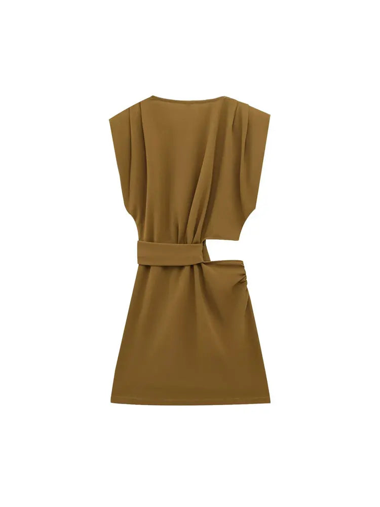 Hollow Out Draped Mini Dress O Neck Sleeveless Women