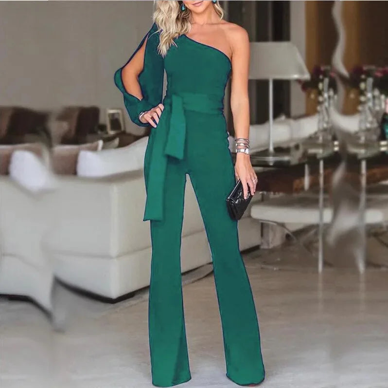 Women's High Waist Tie-Up Slim Fit Solid Color Jumpsuit with Slant Shoulder Elegant Design for Banquet and Evening Wear