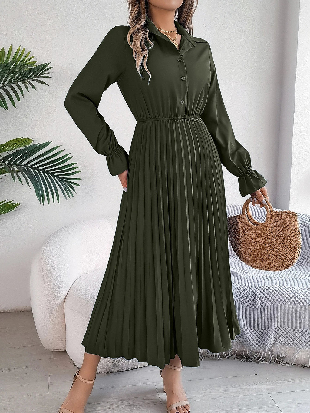 Solid Color Polo Neck Pleated Long Sleeve Dress For Women