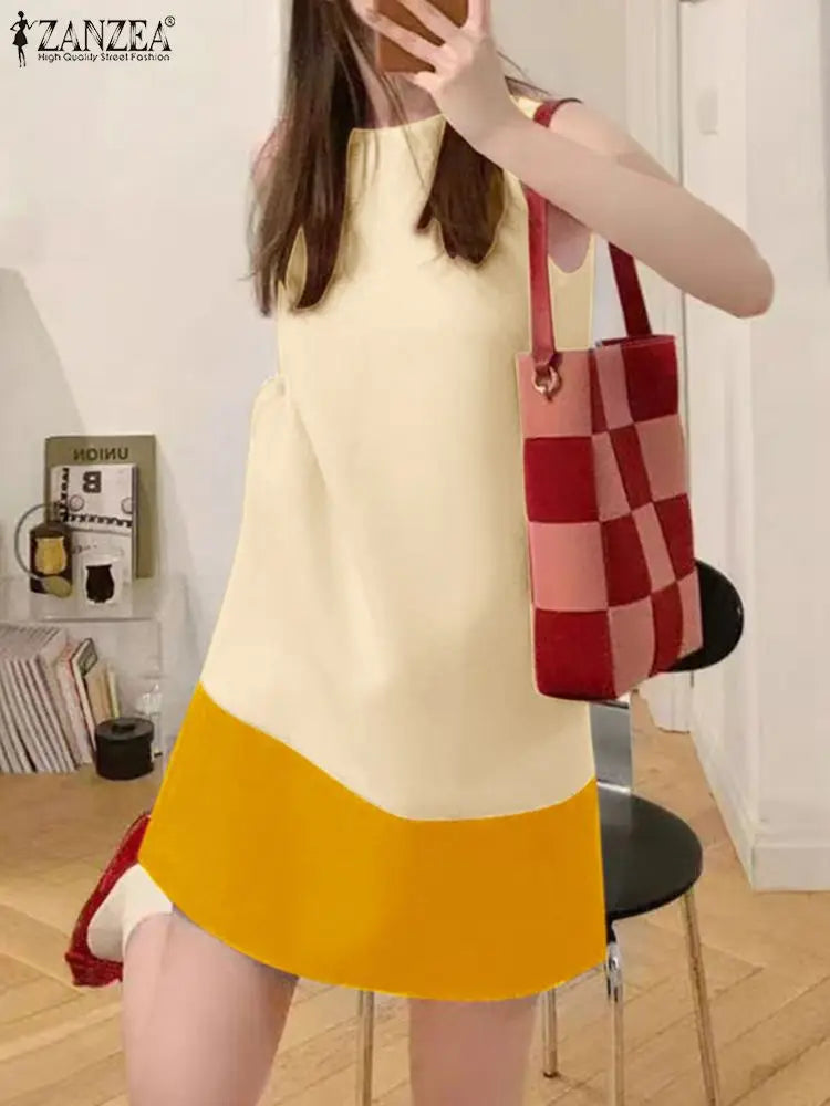 Korean Style Patchwork Sundress Sleeveless Round Neck Mini
