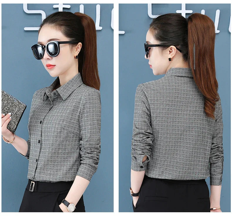 Women's Long Sleeve Slimming Cotton Shirt with Flip Collar Casual Versatile Top for Spring and Autumn Fashion