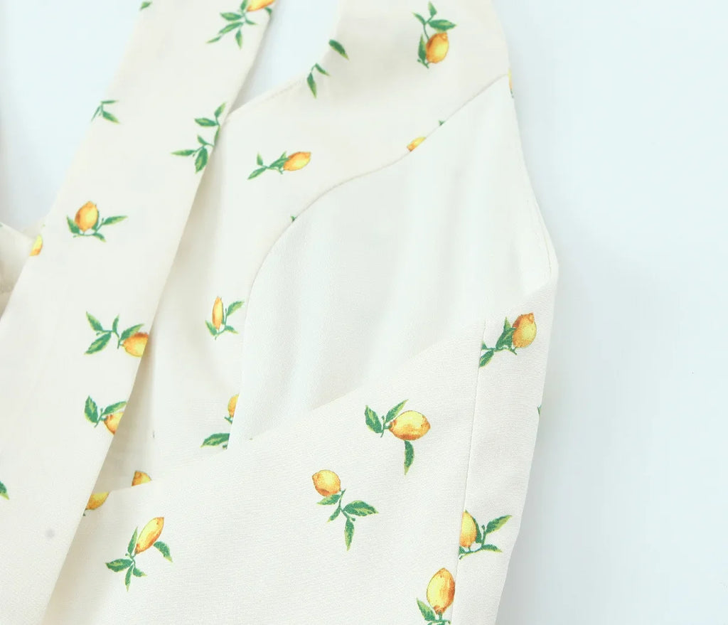 Casual Summer Two Piece Skirt Set for Women Lemon Print Backless Hanging Collar Tank Top with A-Line Mini Skirt Sleeveless Short Top