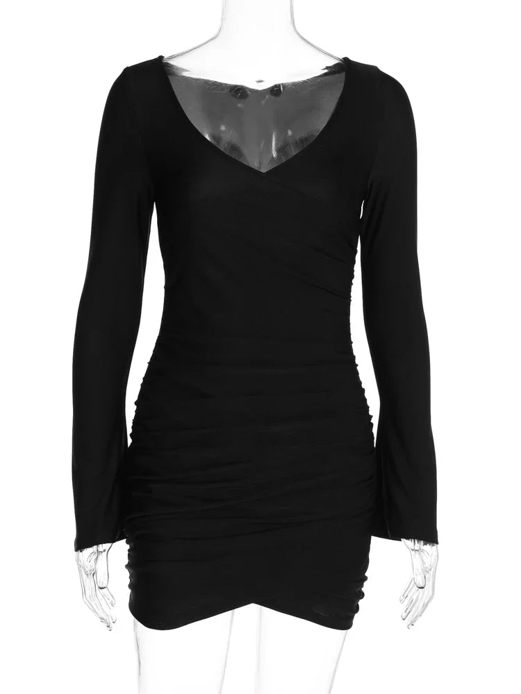 Black Ruched Bodycon Dress V Neck Long Flare Sleeve