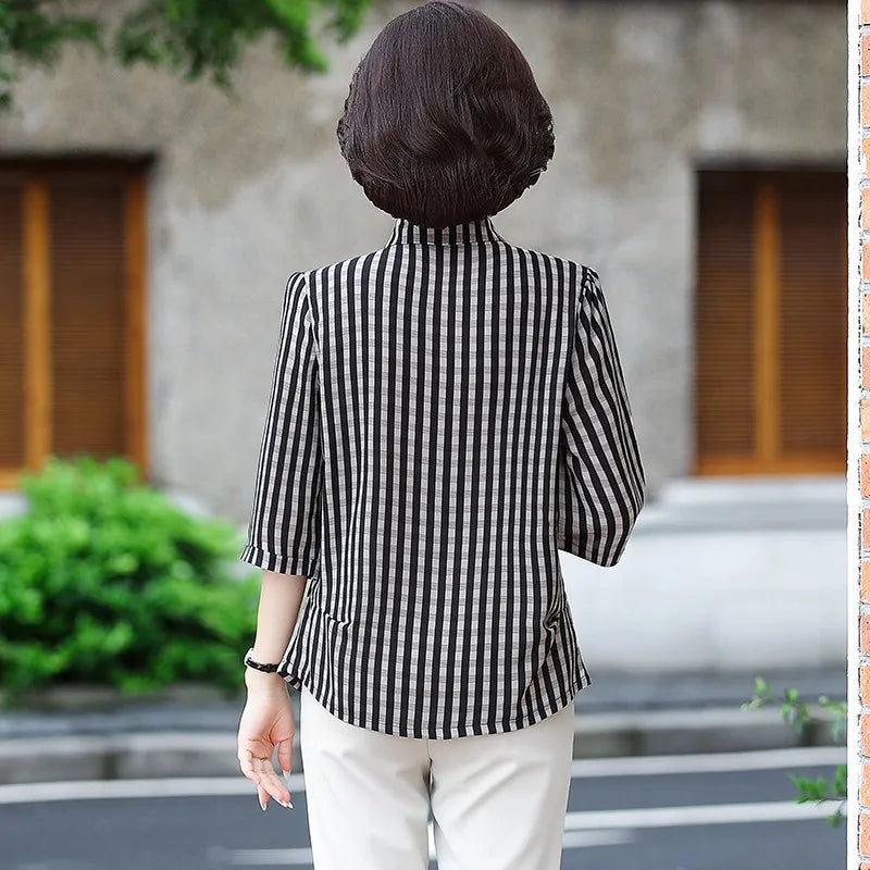 Elegant Plaid Print Loose Fit Button Down Shirt for Women with Turn Down Collar and Casual Half Sleeves Versatile Ladies Blouse Top for Everyday Wear