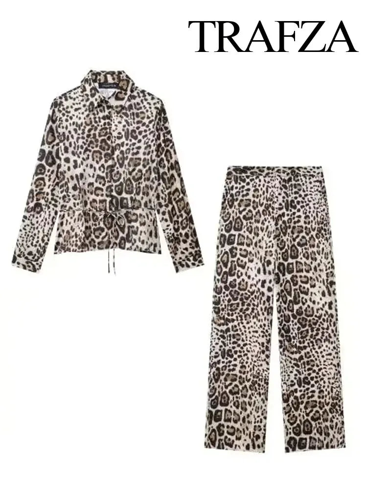 Chic Animal Print Button-Up Shirt and High Waist Zip Pants Set for Women