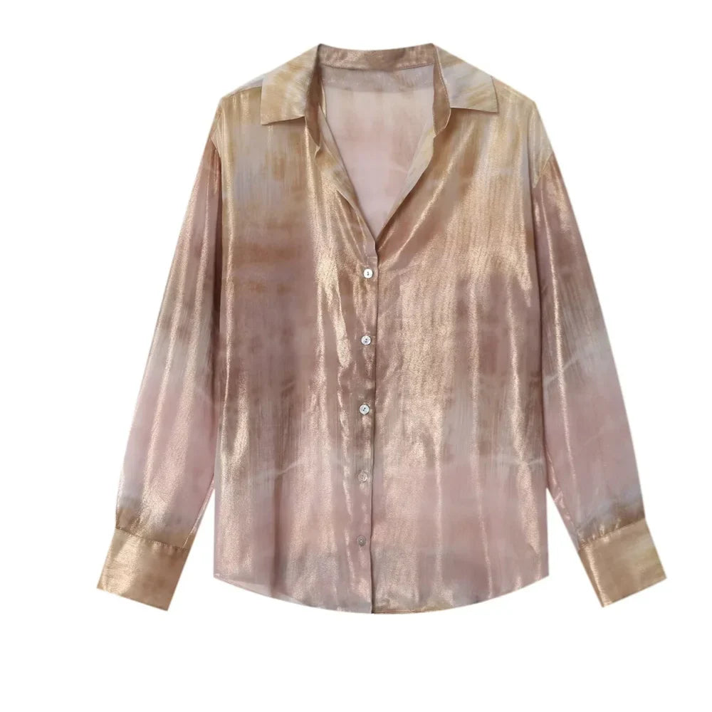 Casual Women's Long Sleeve Collar Shirt with Metal Foil Tie Dye Print Slimming Fashion Top