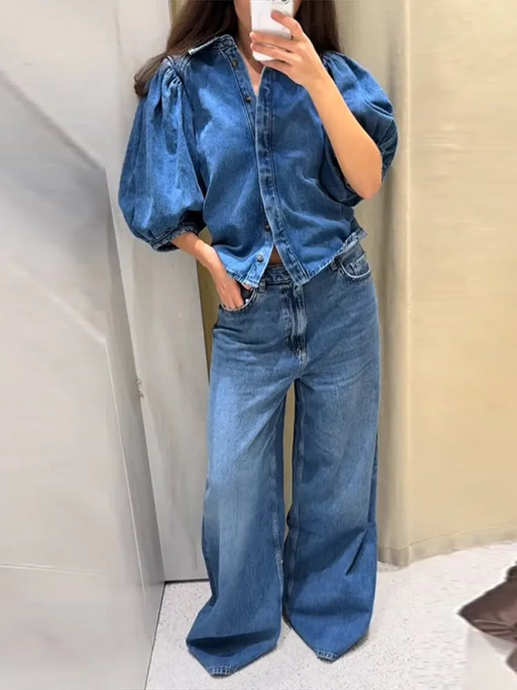 Street Denim Women's Puff Sleeve Shirt Solid Color Single Breasted Pleated Blouse Casual Half Sleeve Top for Spring and Summer