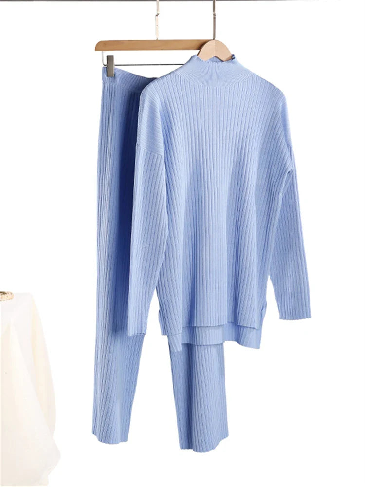 Autumn Winter Women's Knitted Tracksuit Set with Half Turtleneck Sweater and Wide Leg Jogging Pants