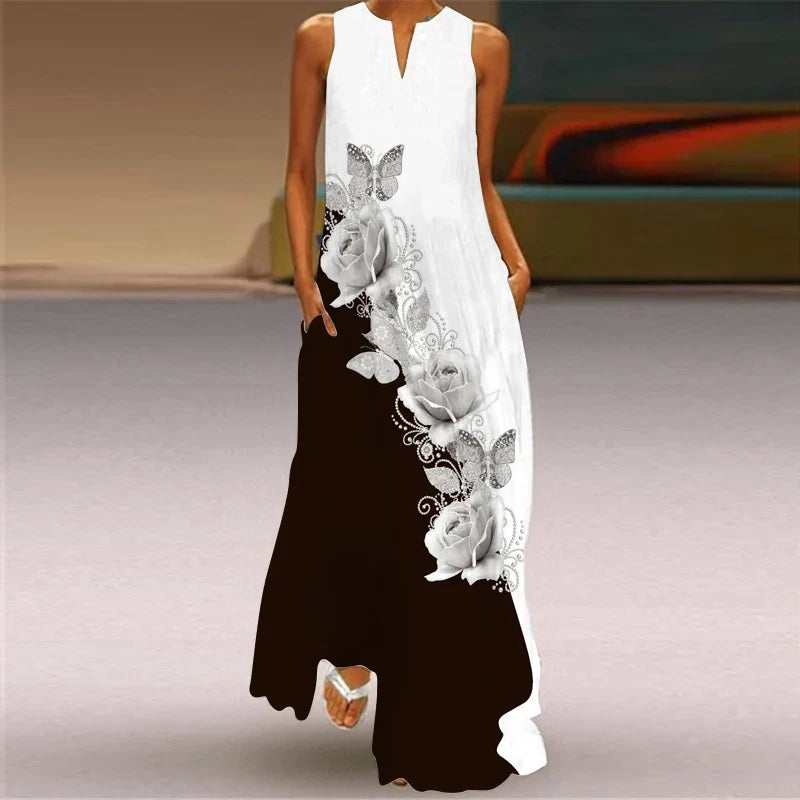 V Neck Sleeveless Printed Maxi Dress For Women Summer Style