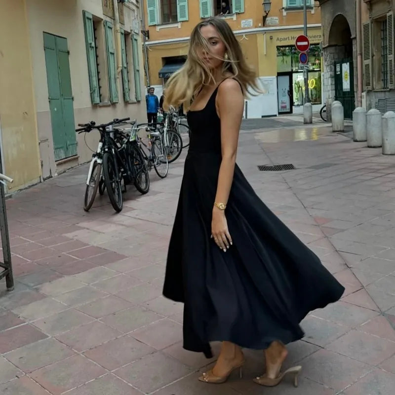 Solid Square Neck Sleeveless Suspender Dress For Women Long