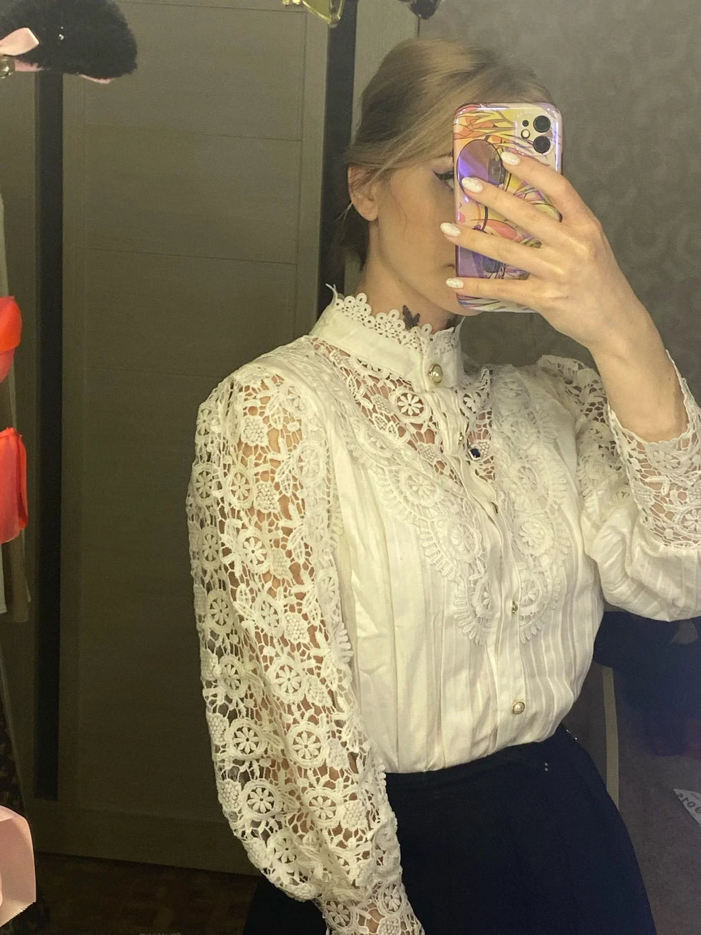 Women's Lace Petal Sleeve Blouse with Stand Collar Hollow Out Floral Patchwork Top Elegant Lightweight Shirt