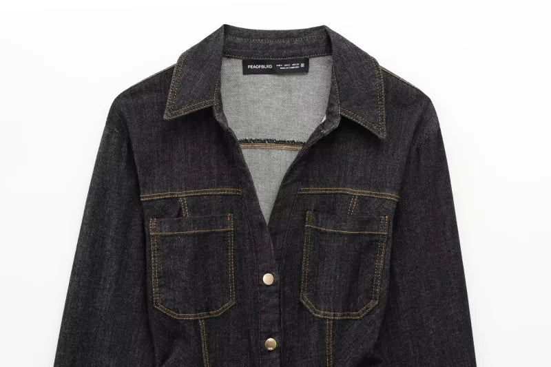 Women's Slim-Fit Denim Shirt with Stretch Waist and Flare Trousers for Comfortable Spring Style