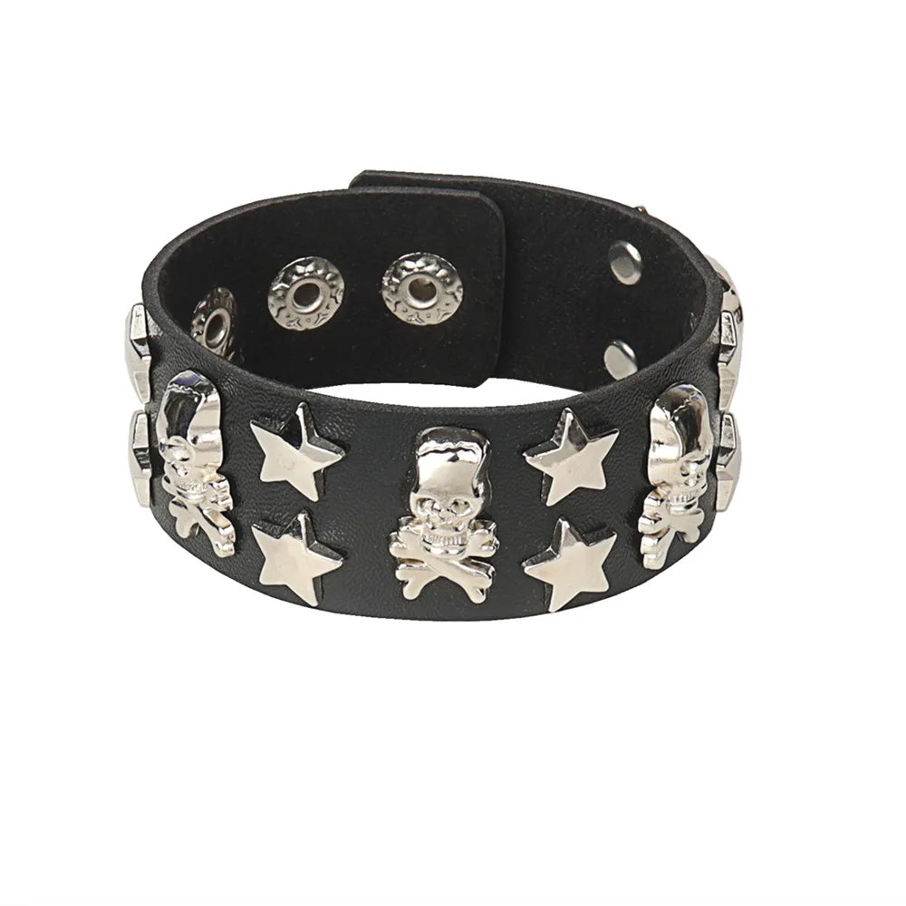 PU Leather Studded Gothic Cuff Bracelet Adjustable Punk Rivet Wristband for Men and Women