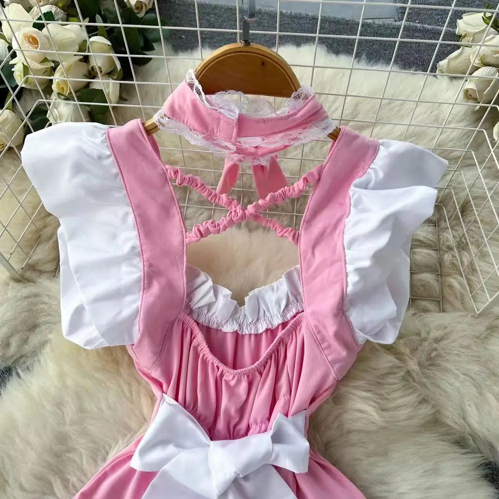 Pink Lolita Maid Dress Mini Short Patchwork Lace Details