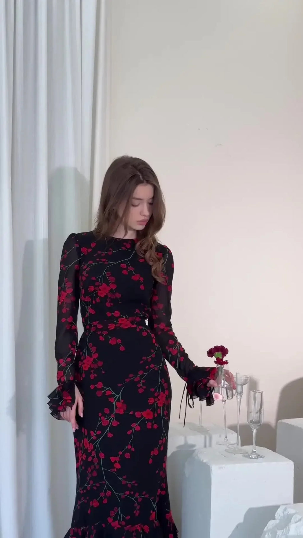 French Floral Printed Evening Dress For Women Slim Fit White