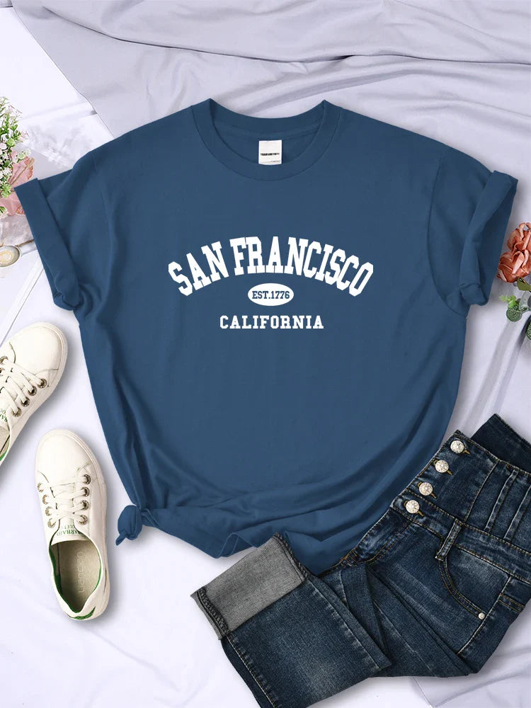 San Francisco California Letter Print Casual Women T-Shirt Short Sleeve Soft Breathable Tee