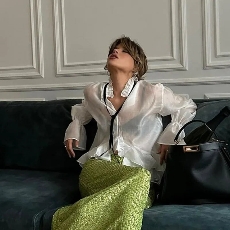 Sexy Loose White Women's Shirt With Ruffles Long Sleeve Sheer Elegant Blouse Stylish Transparent Top