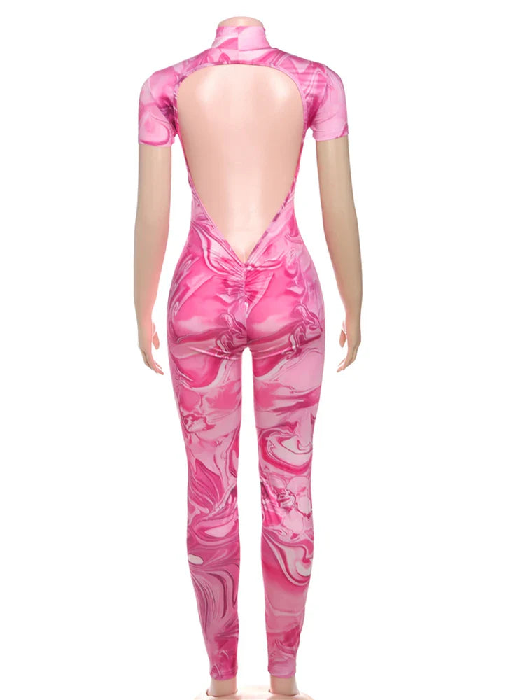 Women's Backless Peach Buttocks Jumpsuit Sporty Shorts Sleeve Casual Fitness Workout Overalls for Summer Street Activity