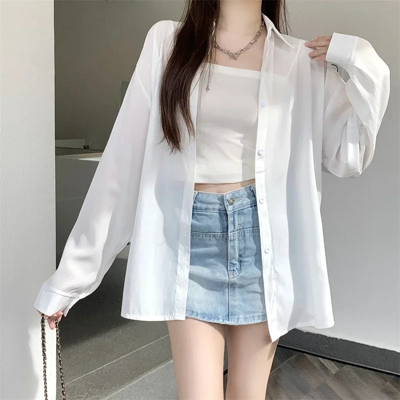 Silky Oversize Button Down Shirt for Women Long Sleeve Boyfriend Blouse Lightweight Summer Cover Up Casual Teen Girl Outfit