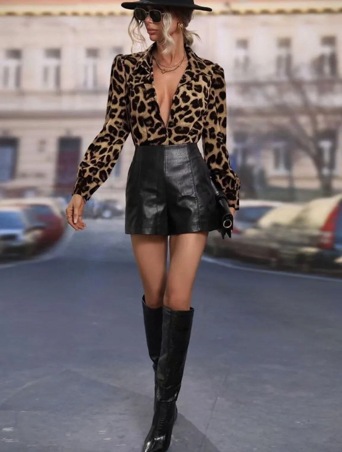 Leopard Print Slim Fit Blouse with Bubble Sleeves Stylish Autumn Shirt for Women