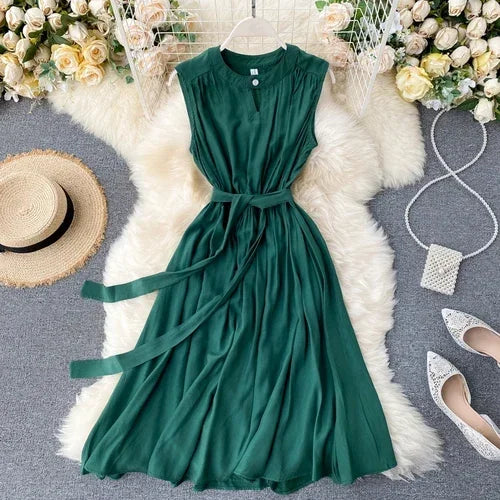 Sleeveless Summer Dress Solid Colors Green Blue Yellow Casual