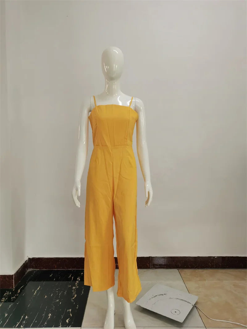 Women Sleeveless Bib Dungarees Jumpsuit Casual Loose Fit Solid Color Wide Leg Overalls with Spaghetti Straps for Autumn