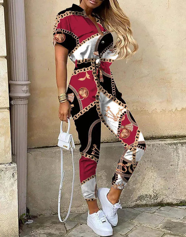 Summer Casual Women's Jumpsuit with Lapel Collar Printed Waistband and Stylish Buckle Detail
