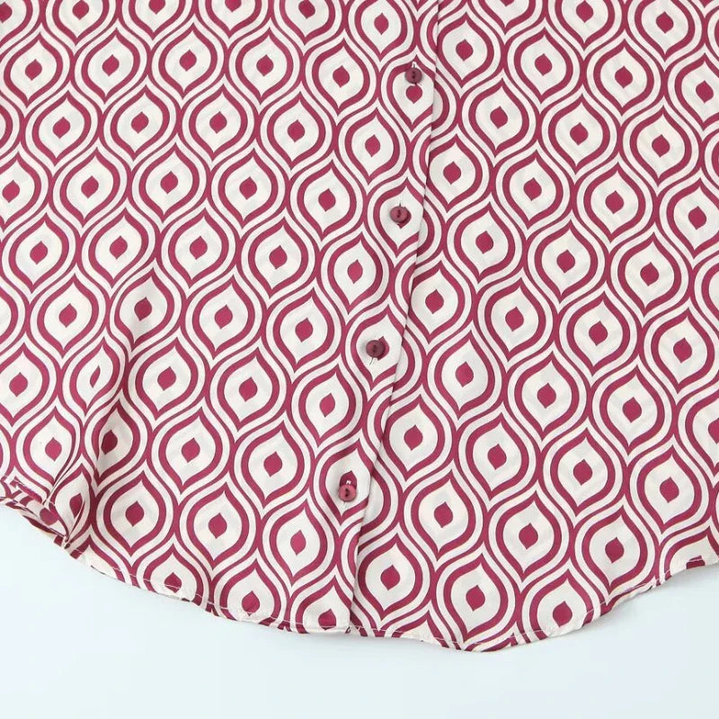 Women's Geometric Print Satin Effect Shirt with Lapel Collar Long Sleeve Single Breasted Slim Fit Chic Top for Spring and Summer