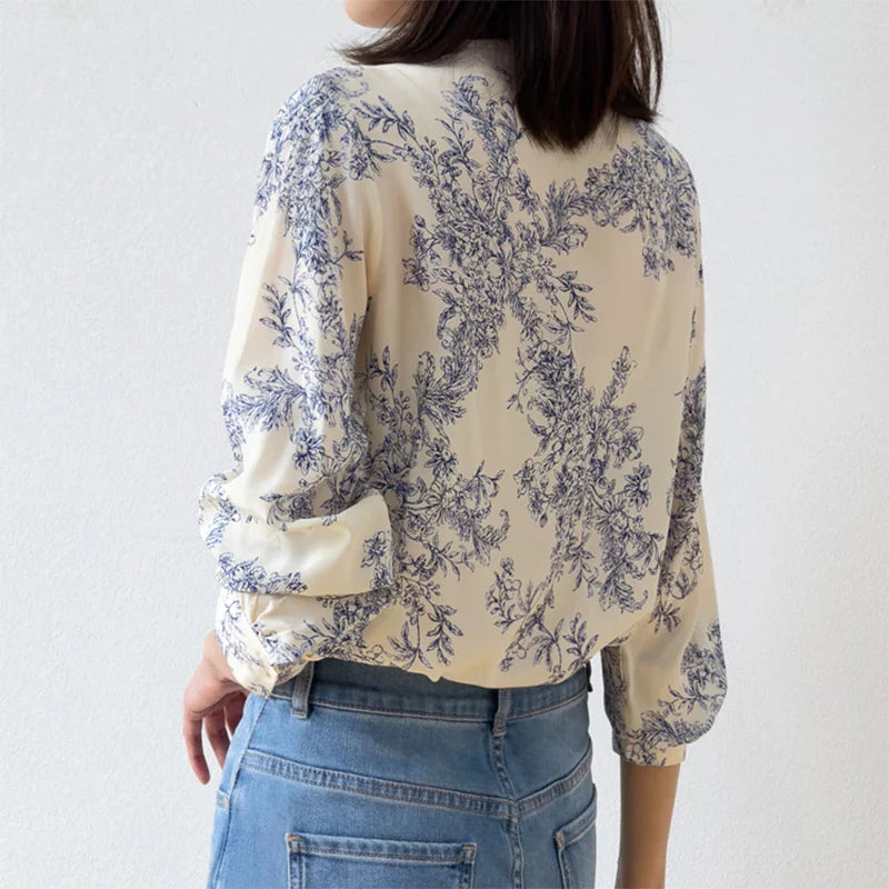 Women 100 Percent Mulberry Crepe Silk Shirt White Floral Button Down Long Sleeve Blouse Elegant Office Top M L XL