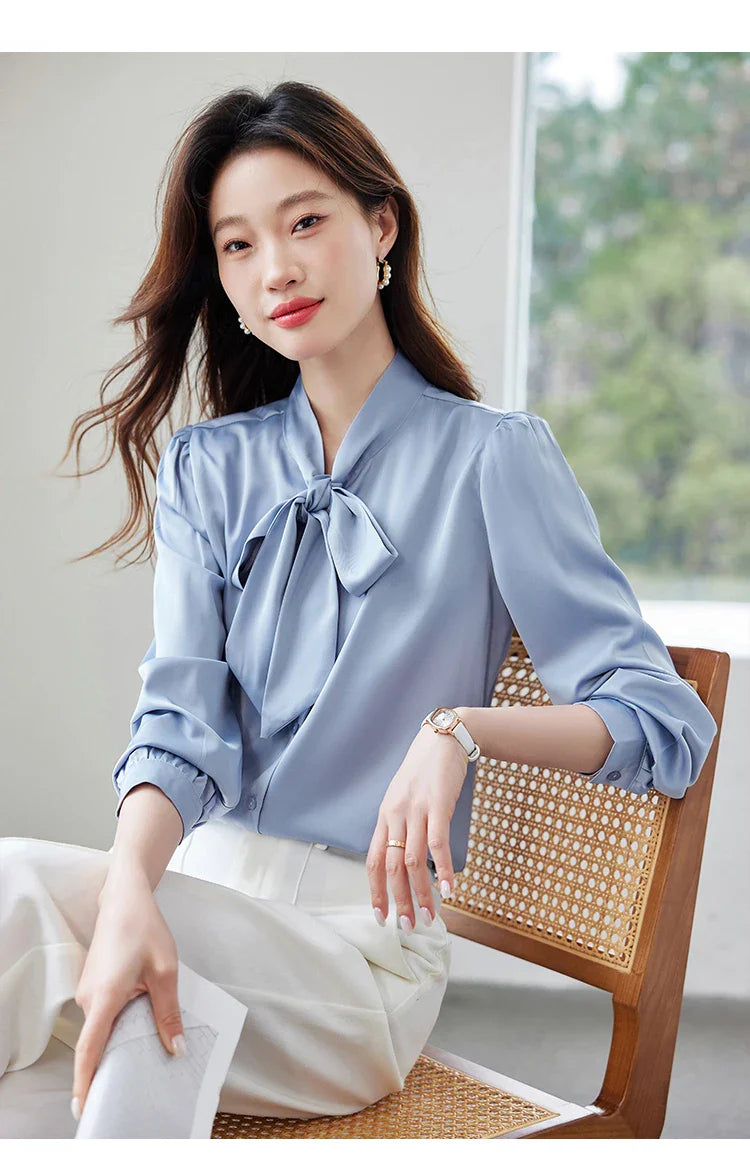 Elegant Women's Long Sleeve Blouse with Bow Collar Casual Loose Fit White Office Shirt Top