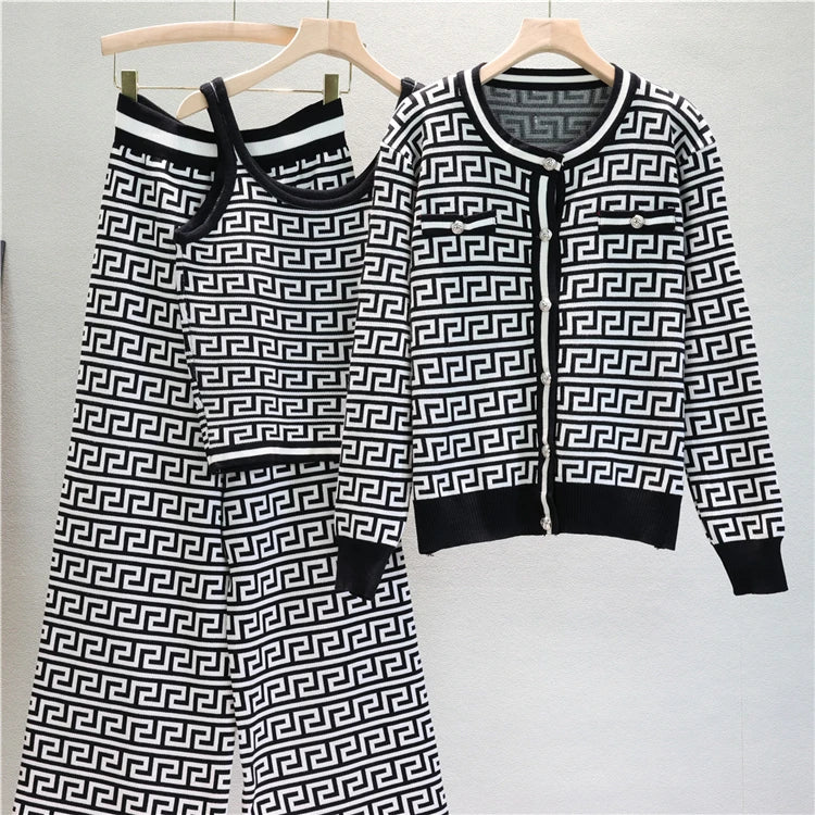 Elegant Casual Three-Piece Women's Fashion Houndstooth Printed Fitted Vest and Plaid Trousers Set for Spring and Autumn