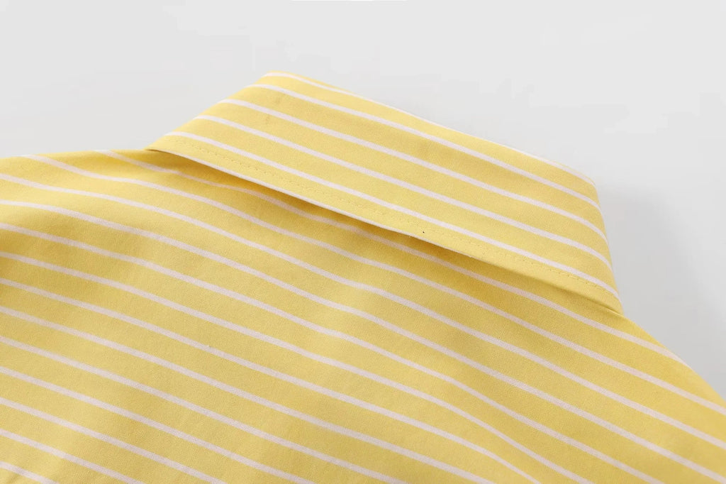 Casual Women Striped Butter Yellow Shirt Vintage Thin Fabric Turn-Down Collar Single Breasted Button-Up Top