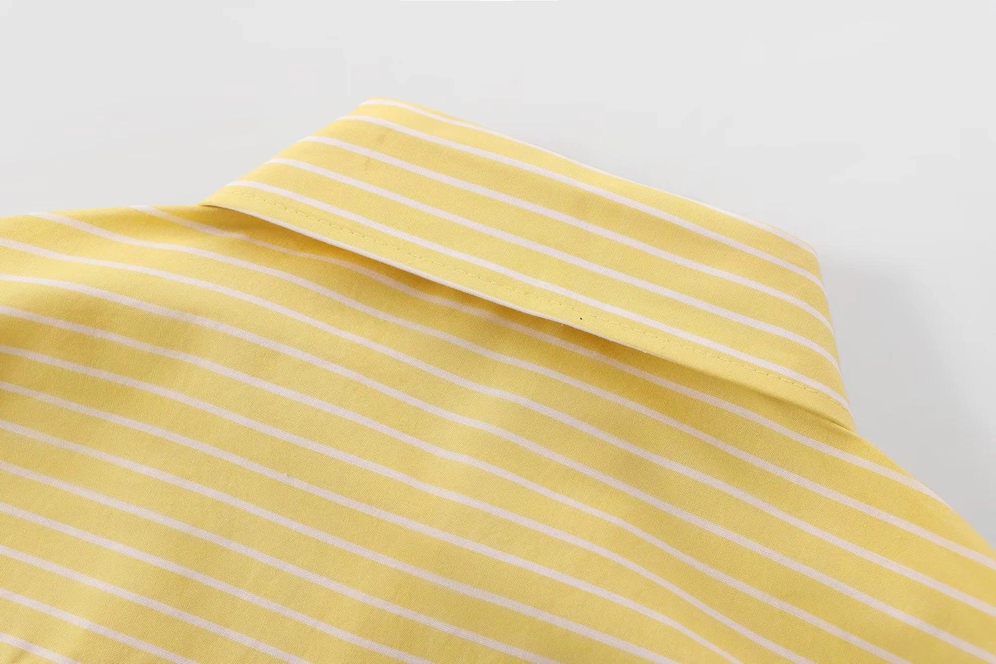 Casual Women Striped Butter Yellow Shirt Vintage Thin Fabric Turn-Down Collar Single Breasted Button-Up Top